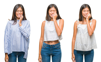 Obraz premium Collage of asian young woman standing wearing glasses over white isolated background looking stressed and nervous with hands on mouth biting nails. Anxiety problem.