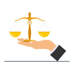 Hand holding scales to weigh objects. Scales in the hands of man, scales in the hands of justice, justice concept. Vector illustration