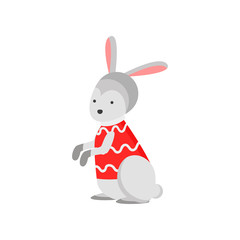 Cute good bunny symbol of the new year. Bunny in a trendy New Year sweater.