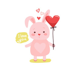 Cute cartoon lovely rabbit with pink large heart