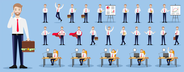 Set of businessman characters on a blue background in various poses. Flat illustrations on blue background.