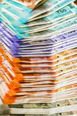 Close up view of brand new indian 10, 50, 100, 200, 500 rupees banknotes.