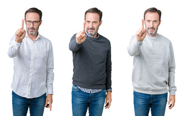 Collage of handsome senior man over white isolated background Pointing with finger up and angry expression