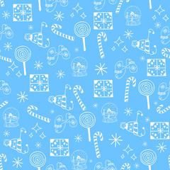 Seamless Christmas pattern white objects on blue background