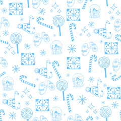 Seamless Christmas pattern blue objects on white background