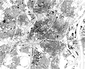Mappa satellitare di Strasburgo, Francia, strade della città. Stradario e mappa del centro città
