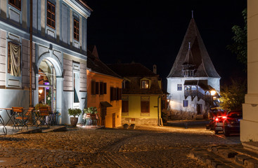 Old saxon town Sighisoara, Romania, night view of the Bastion Tower