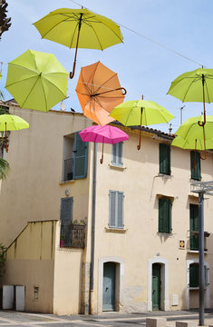 street decorated with colorful umbrellas, La Seyne sur Mer, France