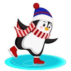 Penguin in hat and scarf skating on ice on a white.