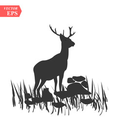 Vector silhouette of deer on a meadow on white background.