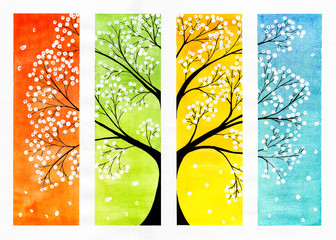 on a colorful watercolor background tree with white sakura