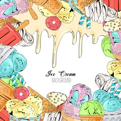 Cartoon cute colorful vector hand drawn ice cream background.