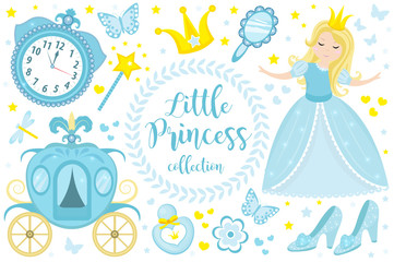 Cute little princess Cinderella set objects. Collection design element with pretty girl, carriage, watch, mirror, accessories. Kids baby clip art funny smiling character. Vector iillustration