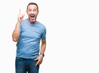 Middle age hoary senior man over isolated background pointing finger up with successful idea. Exited and happy. Number one.