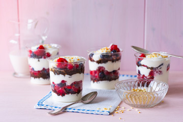 Mascarpone cream dessert with raspberries and blueberries
