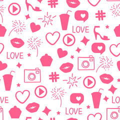 Abstract pink icon texture. Vector Like girly pattern Seamless design surface background. Kiss, like, heart, camera, beauty party.