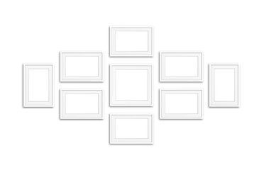 Frames collage. Blank frameworks isolated on white wall