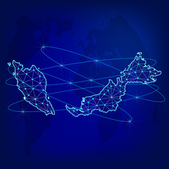 Global logistics network concept. Communications network map Malaysia on the world background. Map of Malaysia with nodes in polygonal style. Vector illustration EPS10. 