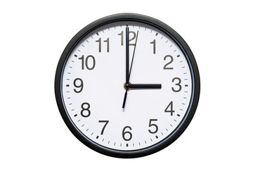 Wall clock shows time 3 o'clock on white isolated background. Round wall clock - front view. Fifteen o'clock