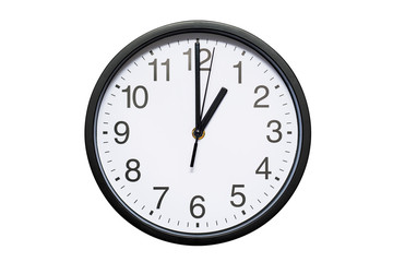 Wall clock shows time 1 o'clock on white isolated background. Round wall clock - front view. Thirteen o'clock