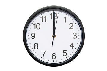 Wall clock shows time 12 o'clock on white isolated background. Round wall clock - front view. Twelve o'clock