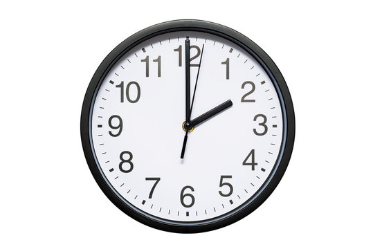 Wall clock shows time 2 o'clock on white isolated background. Round wall clock - front view. Fourteen o'clock