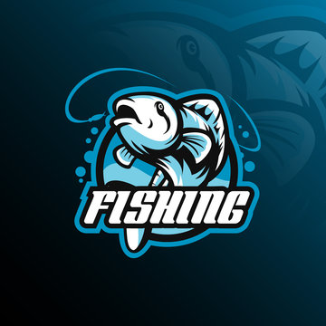 fish mascot logo design vector with modern illustration concept style for badge, emblem and tshirt printing. fish jumping illustration with fishing rod