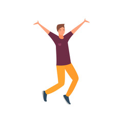 Young beautiful man in fashionable clothes jumping from happiness and fun.