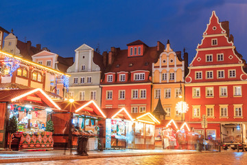 Christmas night market place in Wroclaw, Poland