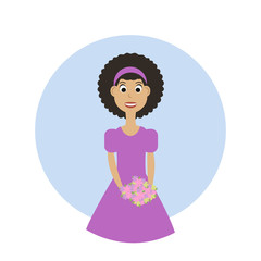 Cute girl with bouquet of flowers. Happy child with a bunch of flowers.