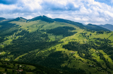 aerial view, mountain hills, home. summer landscape. Ukraine Carpathians
