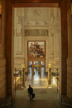 MILAN, ITALY - MAR 16, 2014: Arrival hall of the Milano Centrale - The main railway stration of Milan, Italy. It was opened on July 1, 1931