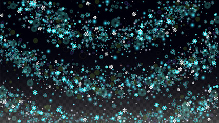 Christmas  Vector Background with Blue Falling Snowflakes Isolated on Transparent Background. Realistic Snow Sparkle Pattern. Snowfall Overlay Print. Winter Sky. Design for Party Invitation.