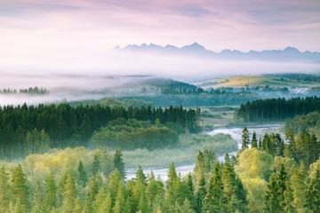 Wspaniały mglisty poranek w górach z jesiennym widokiem - obrazy, fototapety, plakaty