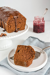 Homemade gingerbread cake on white plate. Honey cake.