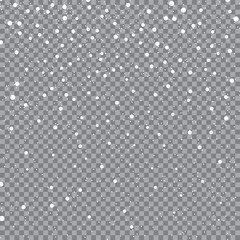 Falling snowflakes on a transparent background. Snow pattern. Vector illustration. Winter snowing sky. Eps 10.