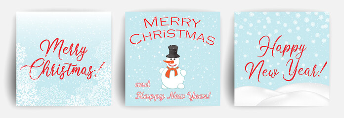 Snow background. Set of Christmas Greeting card with snowman. Design template for flyer, banner, invitation, congratulation. Christmas background with snowflakes. Vector illustration.