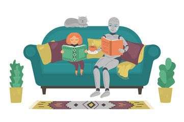 Robot with child reading book on sofa at home. Robot help girl to do homework. Futuristic concept. 