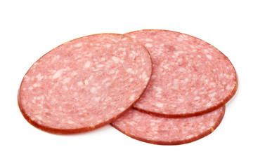 Smoked Salami Slices, isolated on a white background. Close-up