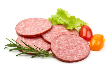 Thinly Sliced Salami with herbs and tomatoes, isolated on a white background. Close-up
