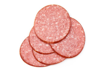 Smoked Salami Slices, isolated on a white background. Top view