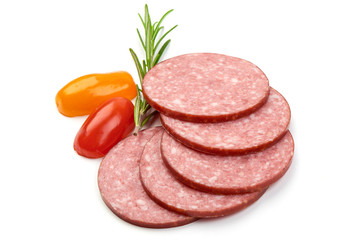 Smoked Salami Slices with herbs and tomatoes, isolated on a white background. Close-up