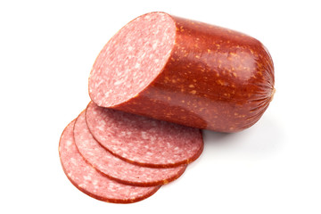 Smoked Salami with Slices, isolated on a white background. Close-up