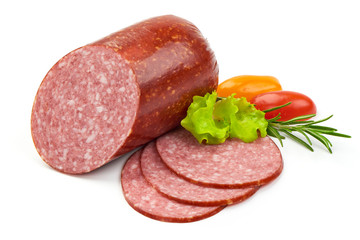 Smoked Salami with Slices, lettuce and tomatoes, isolated on a white background. Close-up