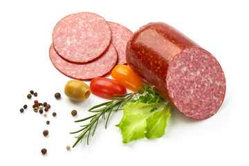 Smoked Salami with Slices, herbs, spices and tomatoes, isolated on a white background. Close-up