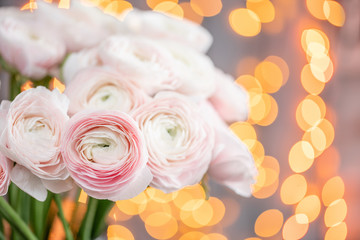 Persian buttercup. Bunch pale pink ranunculus flowers in Glass vase. Garland bokeh on background. Horizontal Wallpaper