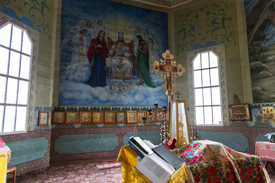 Interior of the Ukrainian Orthodox Church Moscow Patriarchate. Ukraine, Odessa region, Kodyma, 2012, altar, iconostasis