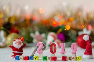 Decorative Christmas/New Year composition with snow.Colorful message: Happy new year