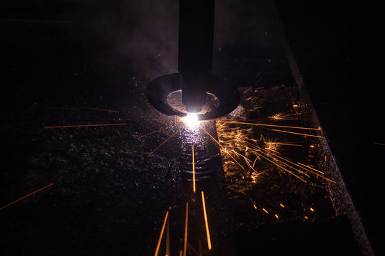 gas-ring of aggregate by the bunch of plasma cutting a steel sheet..