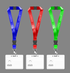 Set of three color realistic lanyards. Vector illustration. Red, green, blue view. Ready for use in presentation, promo, advertising and more.